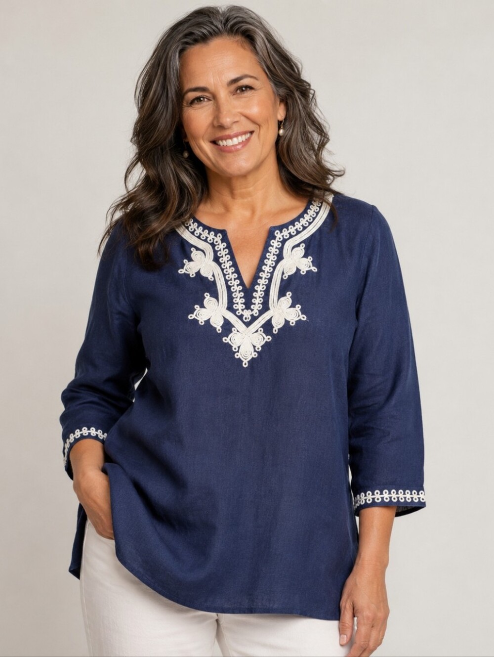 Simple NYC Women’s Embroidered Navy Linen Tunic Top 3/4 Sleeves Size S